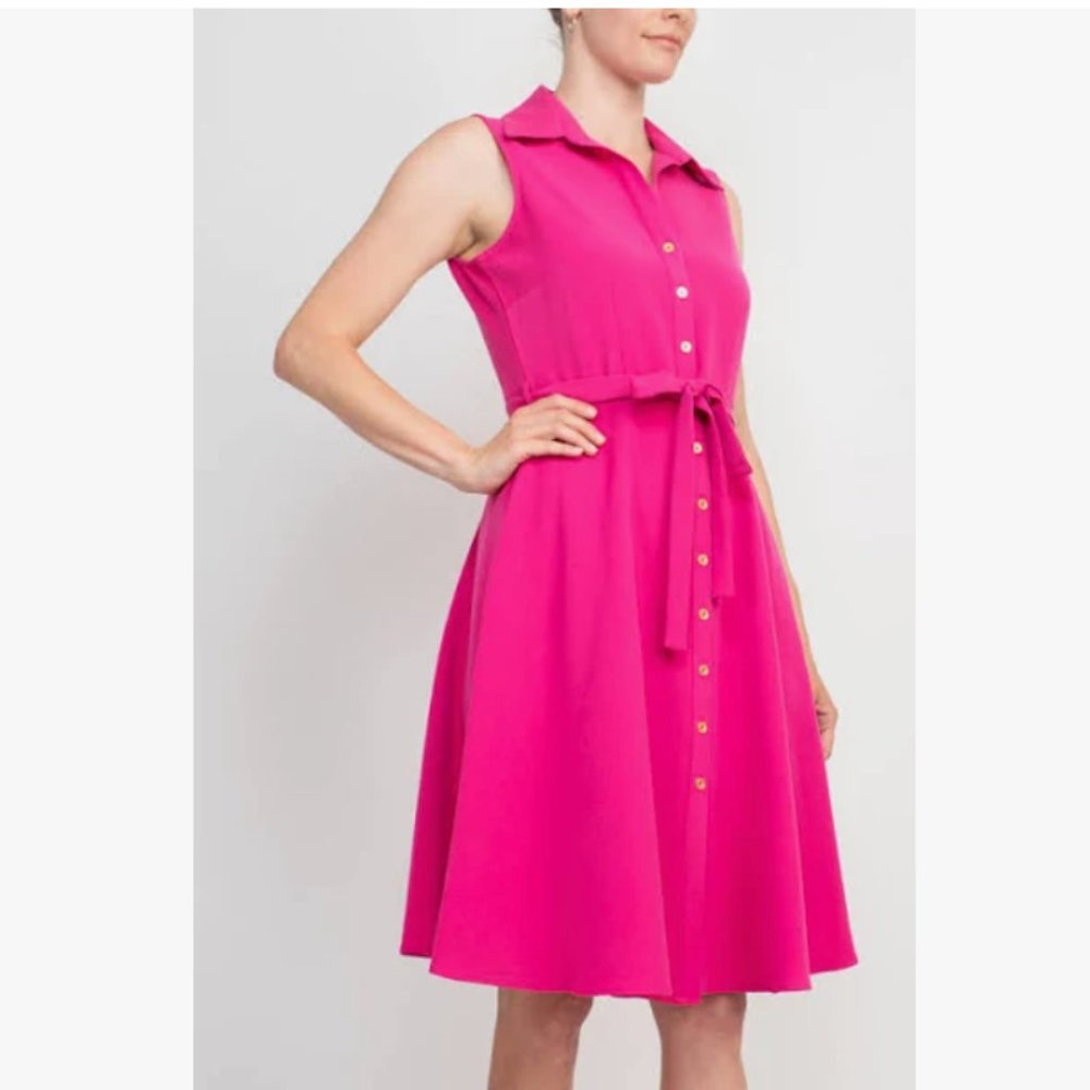 Sharagano Sleeveless Button Front Shirt Dress with Sweep Hot Pink Size 10P
